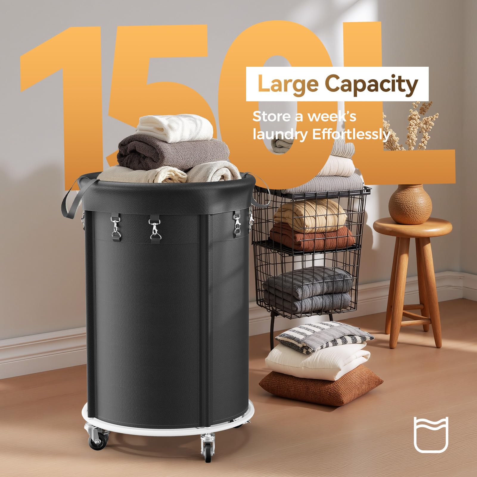 150L Grande Panier à Linge avec Roulettes, Chariot Linge Sale Rond avec Cadre en Métal et Sac d'Oxford Imperméable, Panier à Linge avec Poignées pour Buanderie, Chambre, Salle de Bain, Noir