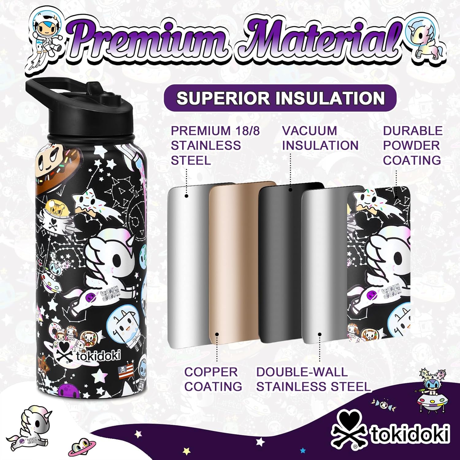 Tokidoki Unicorno Bottle 32oz Insulated Stainless Steel Water Bottle Reusable Vacuum Insulated Water Bottle Tumbler with Leak Proof Flip Bottle for Travel Office Gym (space) - Image 3