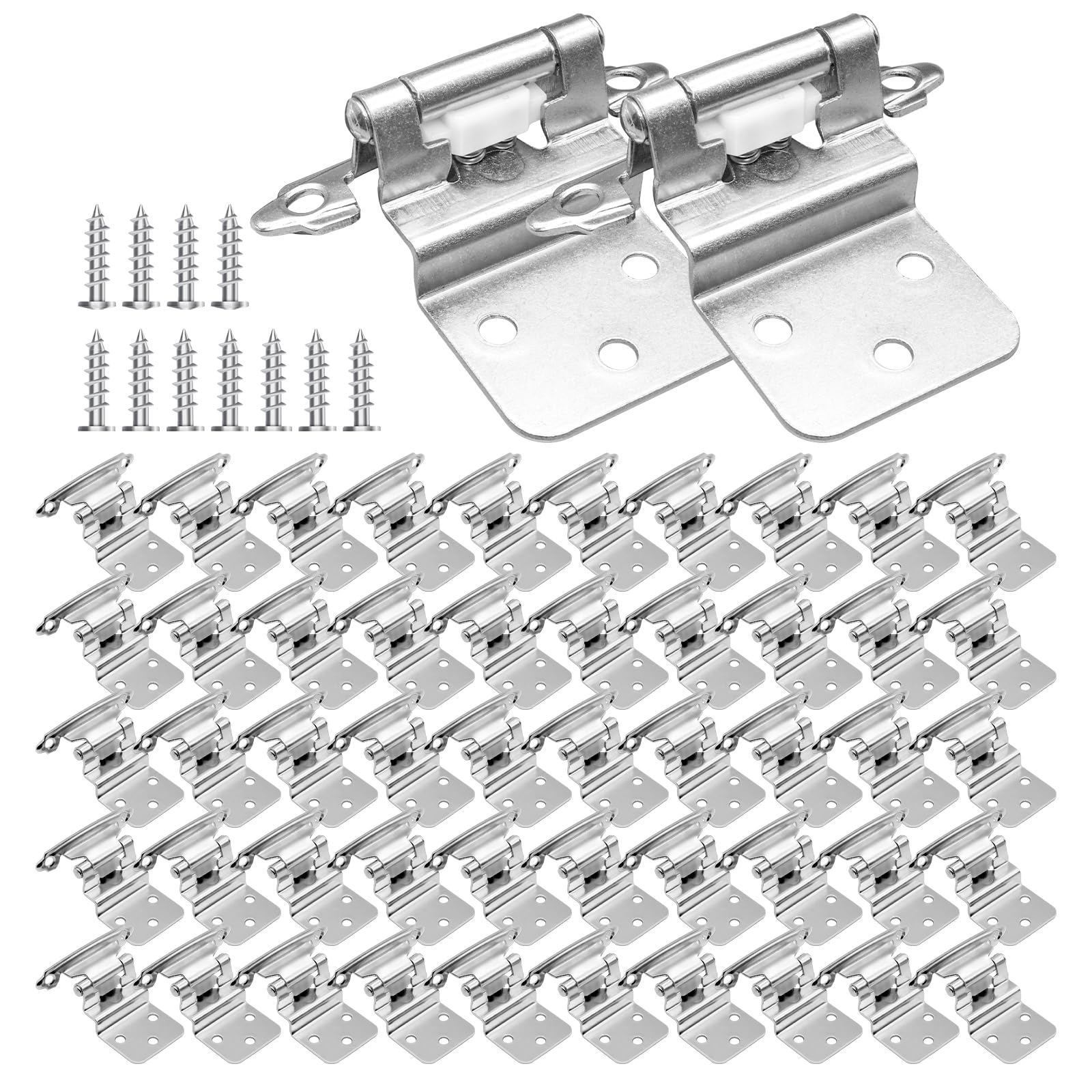 Paquete de 50 25 pares de bisagras semiocultas de níquel cepillado para gabinete, bisagras de gabinete de cocina de 3/8 pulgadas, bisagras de puerta de gabinete de cierre automático de níquel satinado
