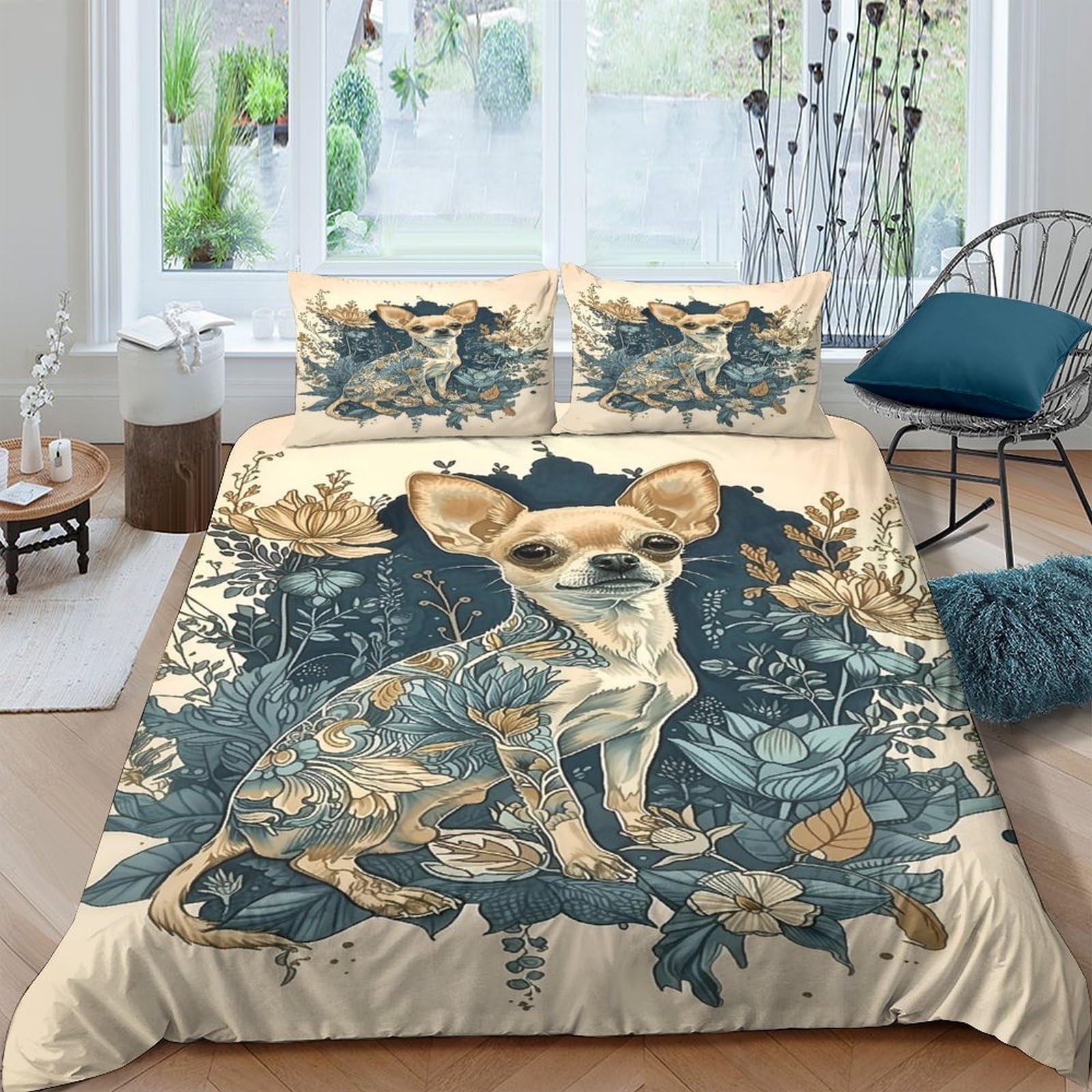 Ctjqhvkz Style-7 3D Printed Beige Blue Chihuahua Fitted Sheet Microfiber Soft Breathable Botanical Bed Cover For Bedroom Dorm Decor Single（135X200cm）