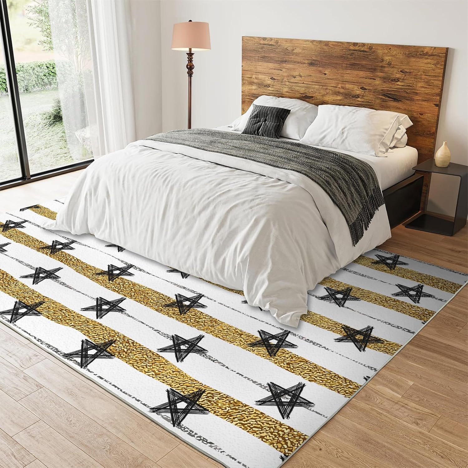 Gold Glittering Lines Area Rugs, Sparkling Stars Easy Clean Rug, Soft Non-Skid Carpet Throw Rug for Kids Teen Girls Boys BedroomLiving Room Bathroom Classroom Office 5x7ft