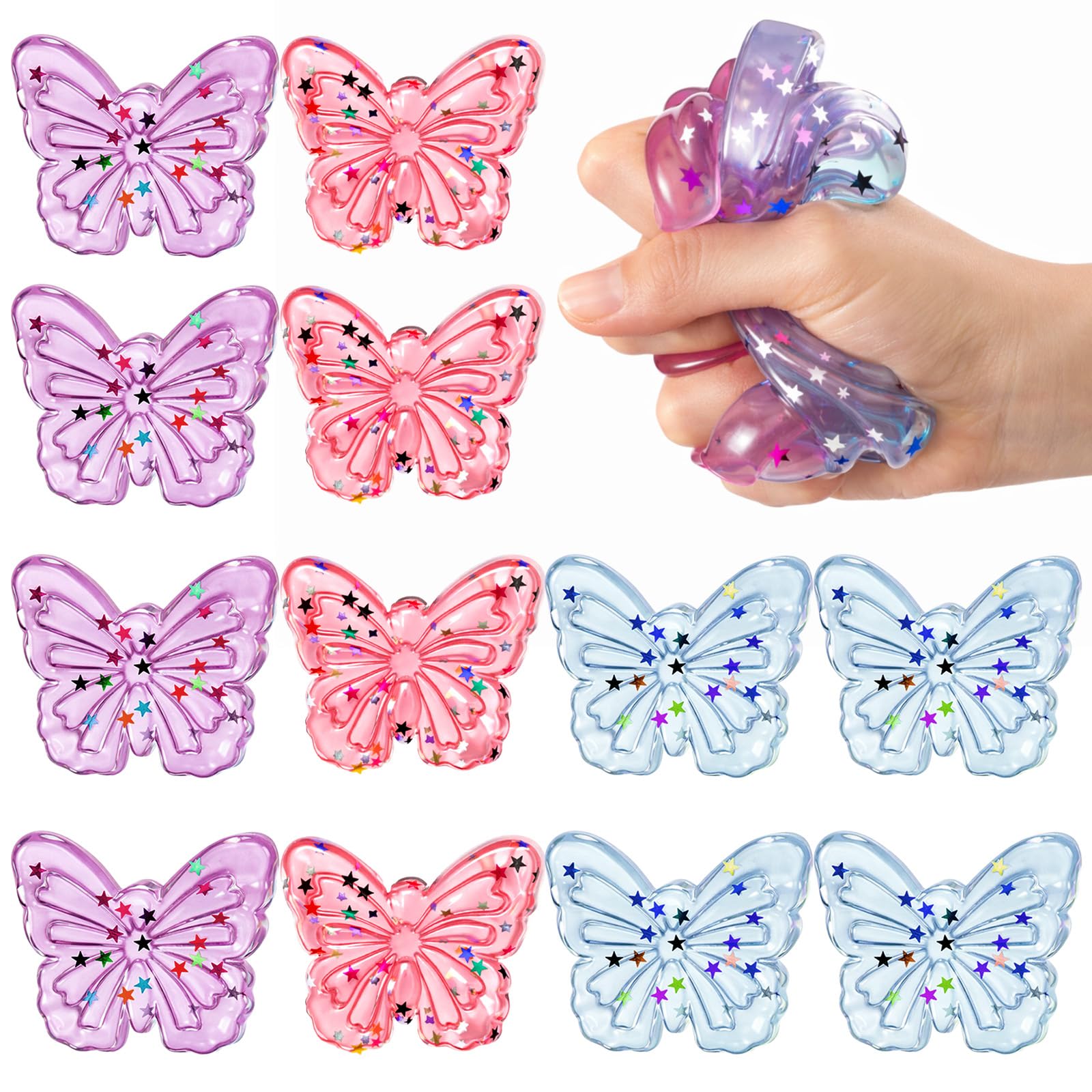 Meooeck 12 Pcs Butterfly Squeeze Fidget Balls Handmade Glitter Squeeze Butterfly for Stress Relief, Cute Soft Sticky Ball for Adult ADHD Autism Anxiety Birthday Party Gifts Basket Stuffers