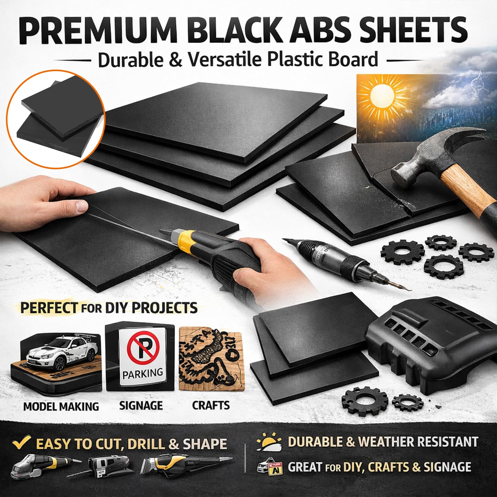 Pannello ABS Plastica Nera 1000 x 1000 mm Resistente Rigida Lastra Styrene Foglio Plastica Opaco per DIY Bricolage Modellismo Montaggio Progetti Officina,1000mm*1000mm*6mm