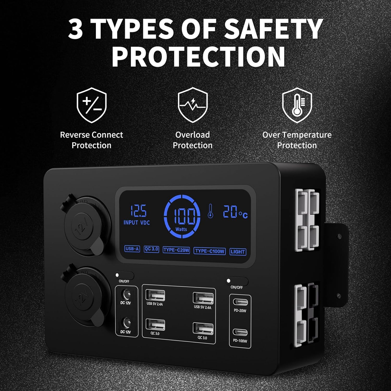 12-24 V Power Outlet Hub Distribution Box 13 Output Sockets Quick Plug+PD20W/100W+QC3.0 USB+CIG Power Sockets Plug-and-Play with LCD Display LED Light Suitable for All Deep-cycle Type