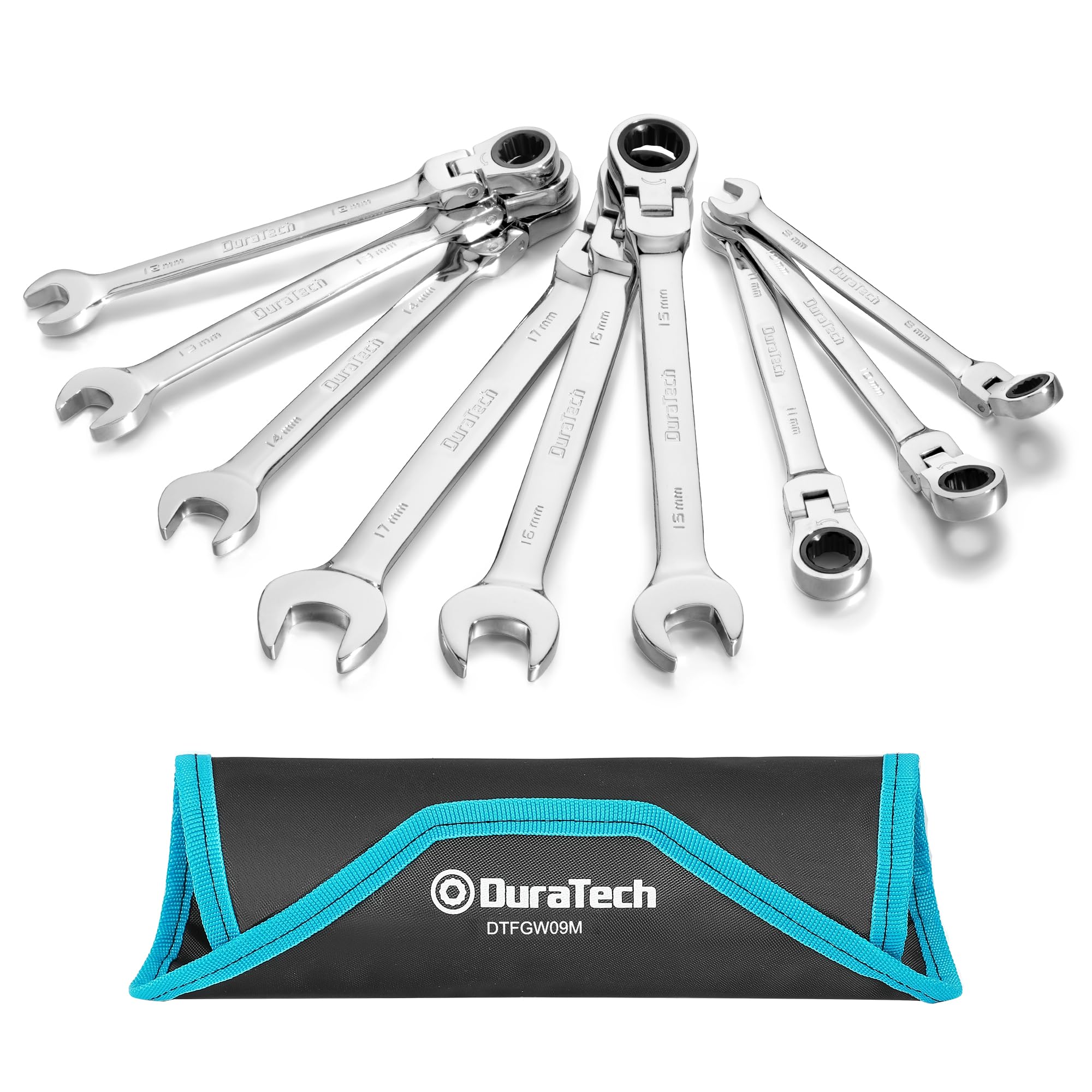 Duratech Silver 9-Piece Flex-Head Ratchet Spanner Set, 8-17 Mm, Cr-V Steel