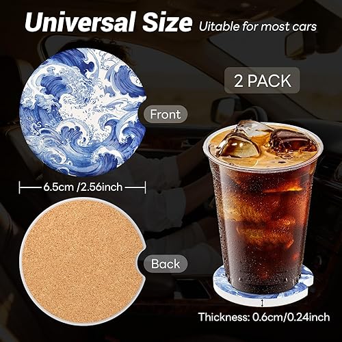 Miniatura 4 de Portavasos de cerámica para automóvil, paquete de 2 unidades, posavasos absorbentes antideslizantes de 2.56 pulgadas con base de corcho y muesca