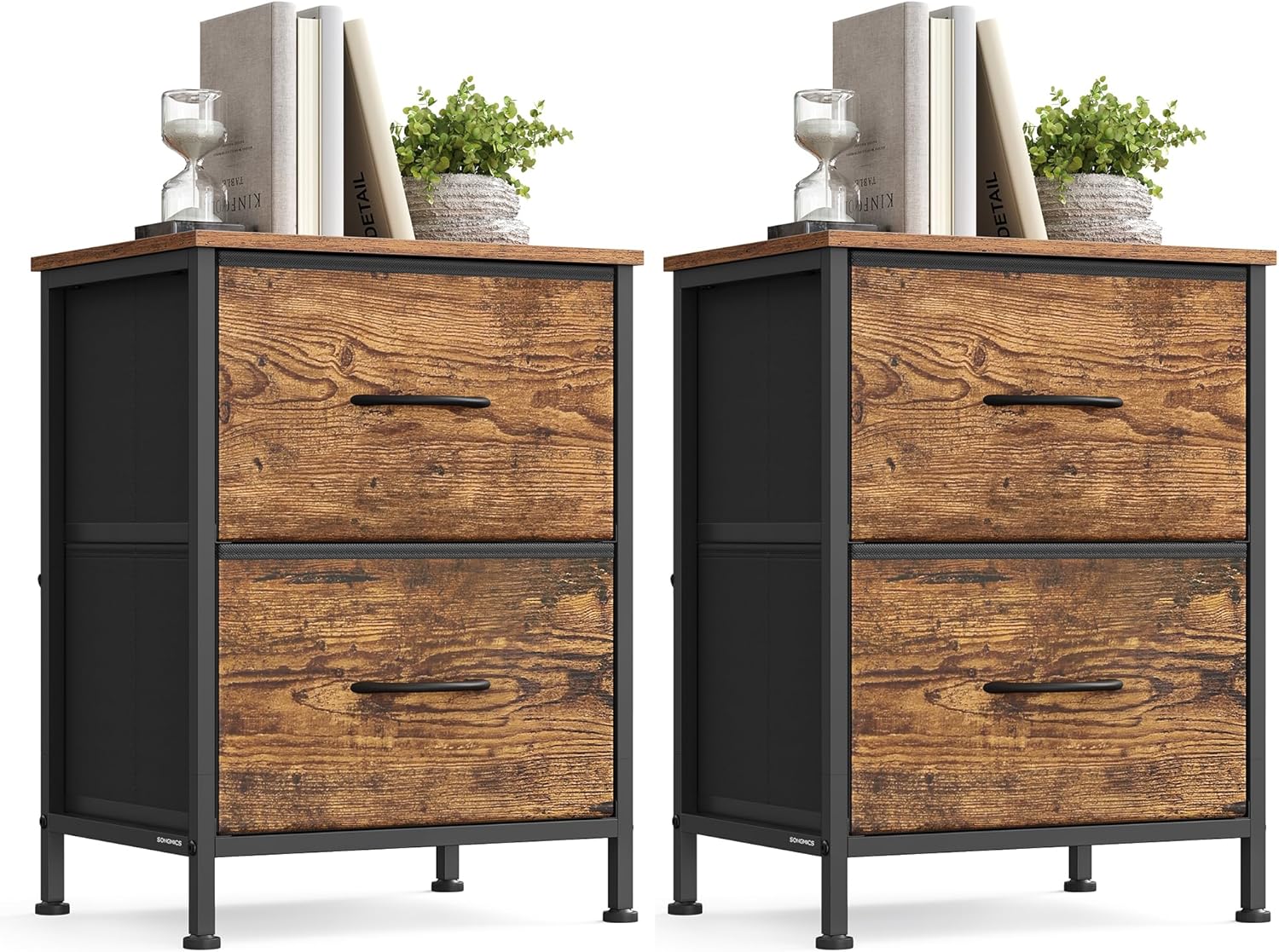 SONGMICS BELLAH Collection - Dressers for Bedroom, Chest of Drawers, Nightstand, 2 Drawers, Storage Organizer Unit, Closet, Entryway, Set of 2, Industrial, Rustic Brown and Ink Black ULGS112KD03S