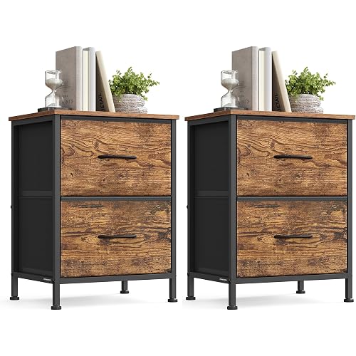 SONGMICS BELLAH Collection - Dressers for Bedroom, Chest of Drawers, Nightstand, 2 Drawers, Storage Organizer Unit, Closet, Entryway, Set of 2, Industrial, Rustic Brown and Ink Black ULGS112KD03S
