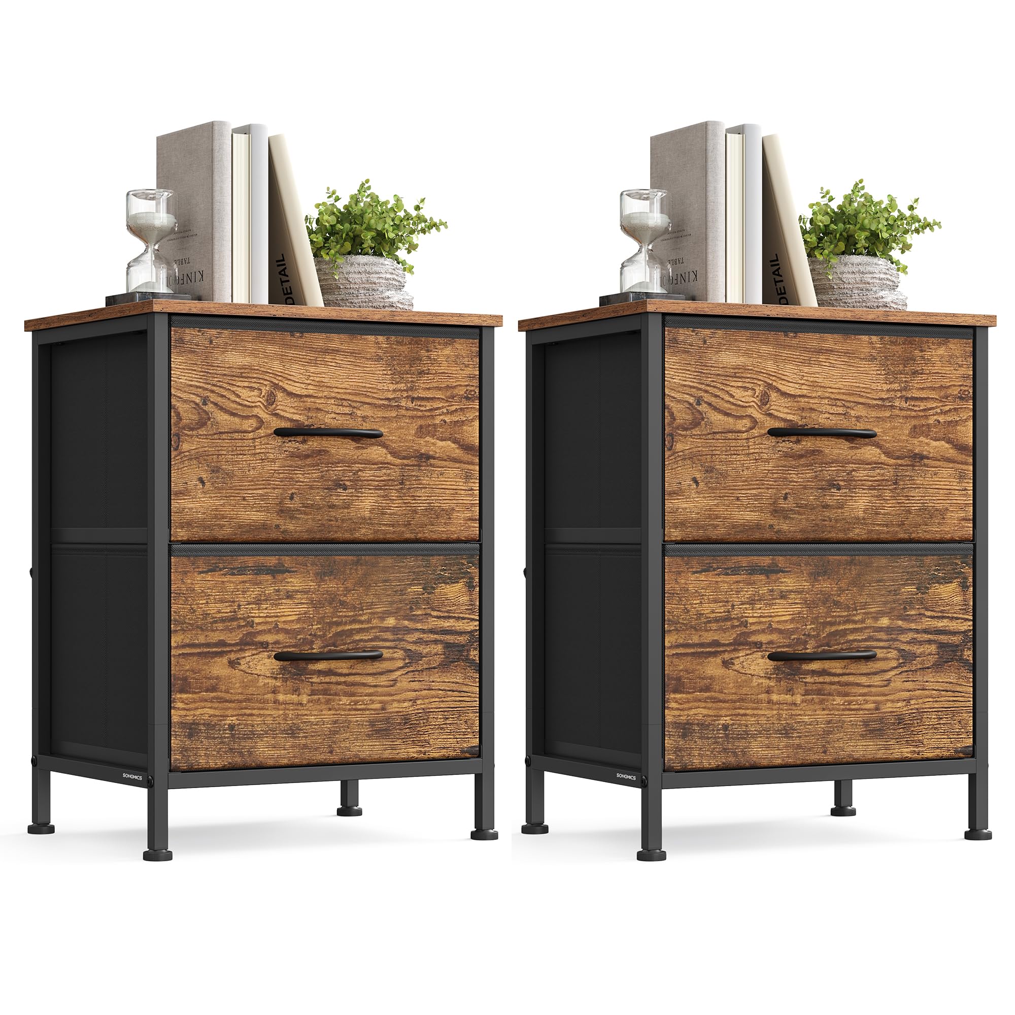 SONGMICS Nightstand with 2 Fabric Drawers, Bedside Table, Side End Table Rustic Brown + Ink Black 2 Pack 2 Drawers