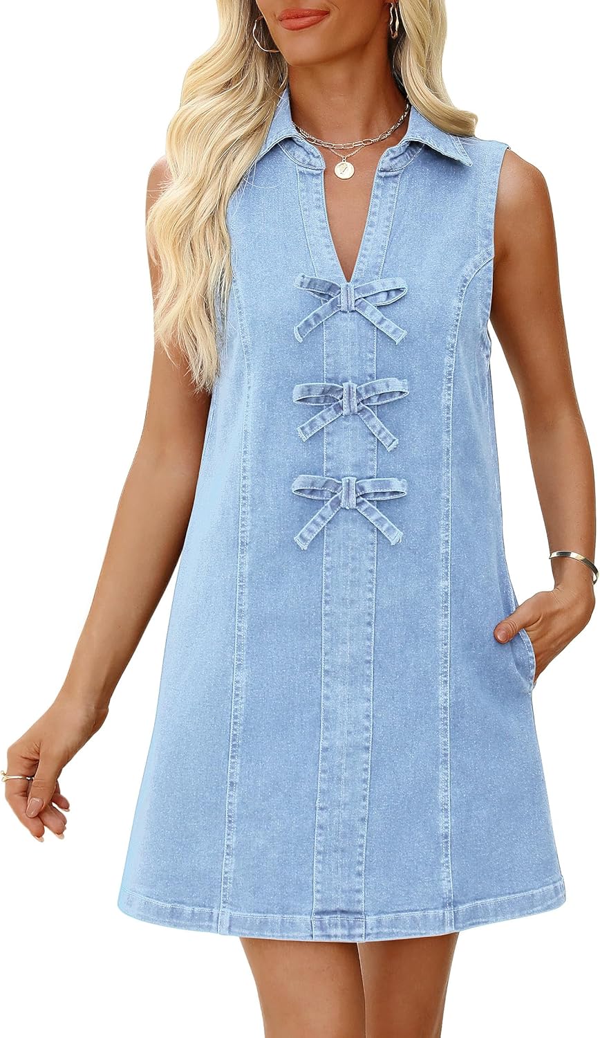 Denim Dress for Women Sleeveless Jean Dress V Neck A Line Bow Tie Front Casual Mini Dresses with Pockets - Image 2