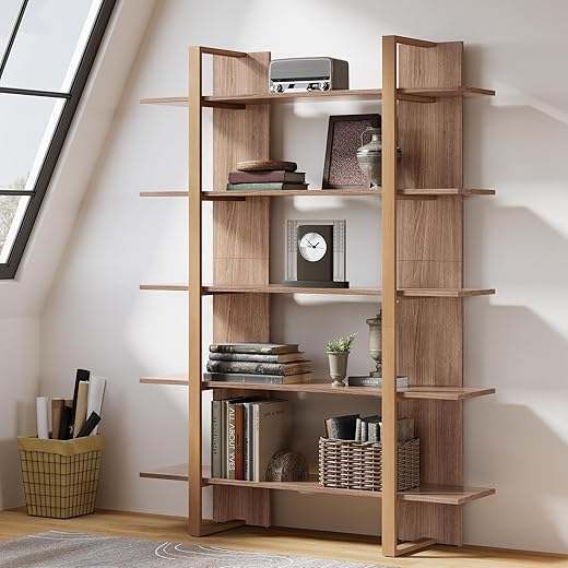 Tribesigns 5-Tier 47 Inches Wide Book Shelf Bookcase, Boho Open Bookshelves Etagere Display Office Shelving Unit, for Living Room, Office & Bedroom, Metal & Wood, Retro Brown (1)