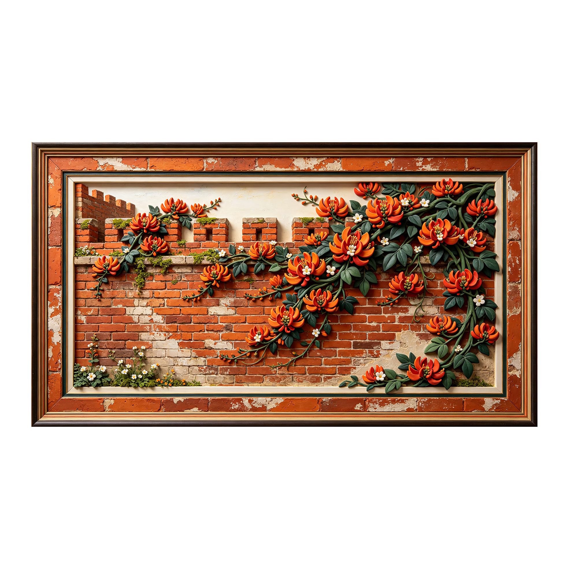 Murasolite 3D Framed Wall Art Brick Wall Floral Relief Botanical Mural SelfAdhesive Fabric Mural Wall Decor， Peel and Stick No Damage to Wall， AntiFall Safe Design for Bedroom Living Room