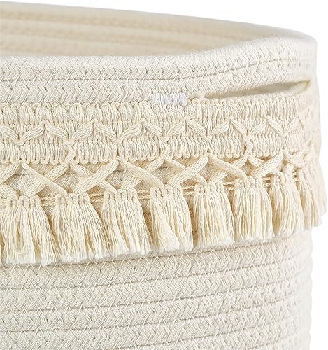 Miniatura 4 de Mkono Paquete de 3 cestas de almacenamiento para estantes, organizador de juguetes bohemios, canasta pequeña de cuerda de algodón tejida blanca con