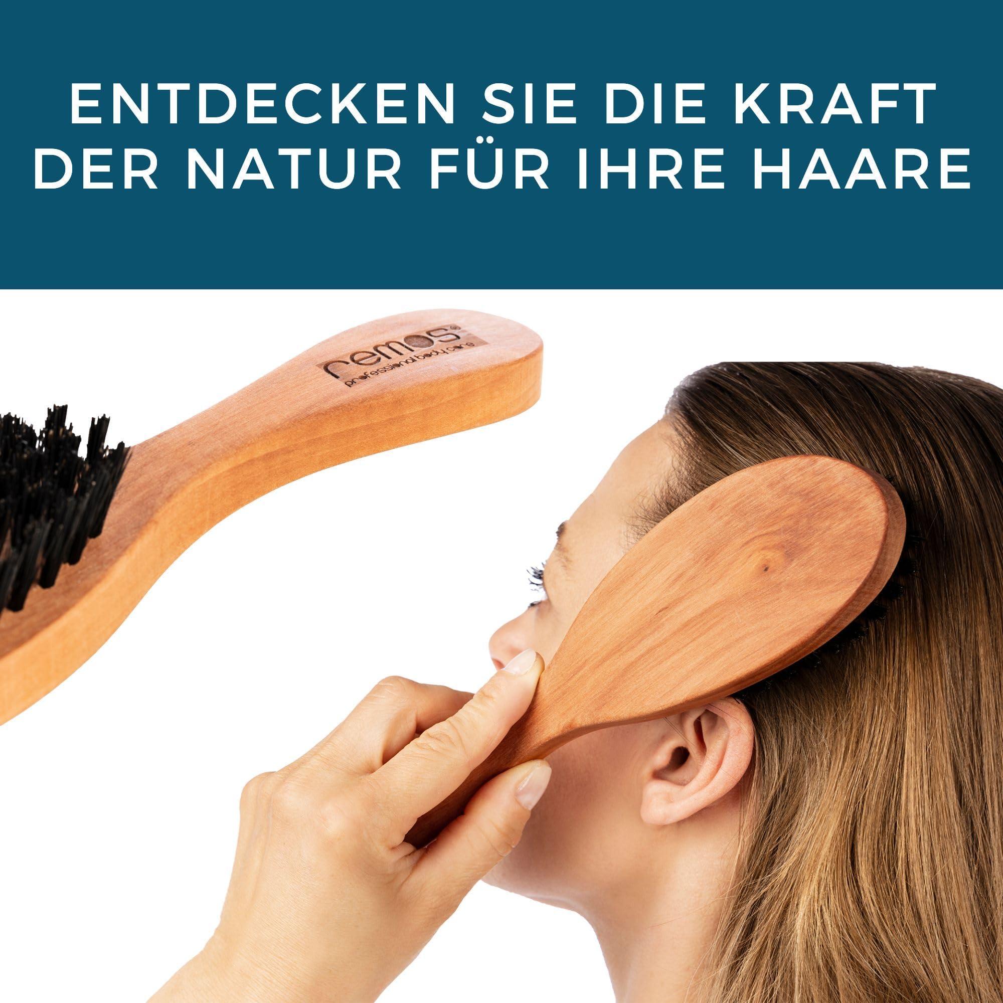 REMOS Haarbürste mit 100% Wildschweinborste aus Birnbaumholz mit breitem Griff und Bürstenreiniger