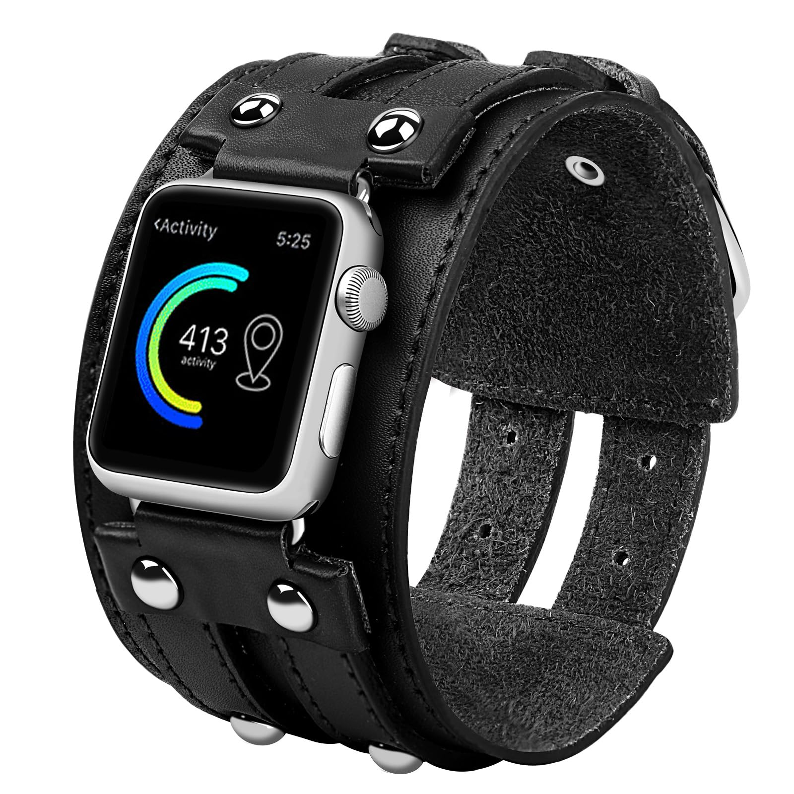 Vikoros Genuine Leather Band Compatible with Apple Watch Ultra 2/Ultra SE Series 9 8 7 5 Bands 49mm 45mm 44mm 42mm Men Women Wrist, Wide Sport Leather Strap Bracelet Replacement Bands for iWatch Ultra Series SE 9 8 7 6 5 4 3 2 Black