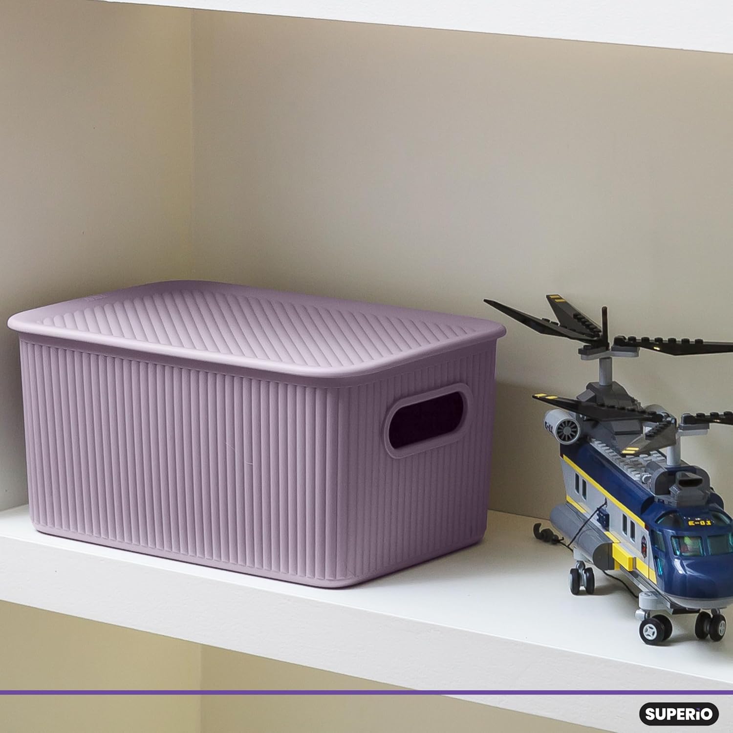 Decorative Plastic Basket Lidded Home Storage Bins Organizer, Medium Lilac Purple (2 Pack - 5 Liter) Stackable Container Box, for Organizing Closet Storage Bins for Shelves - Ribbed Collection