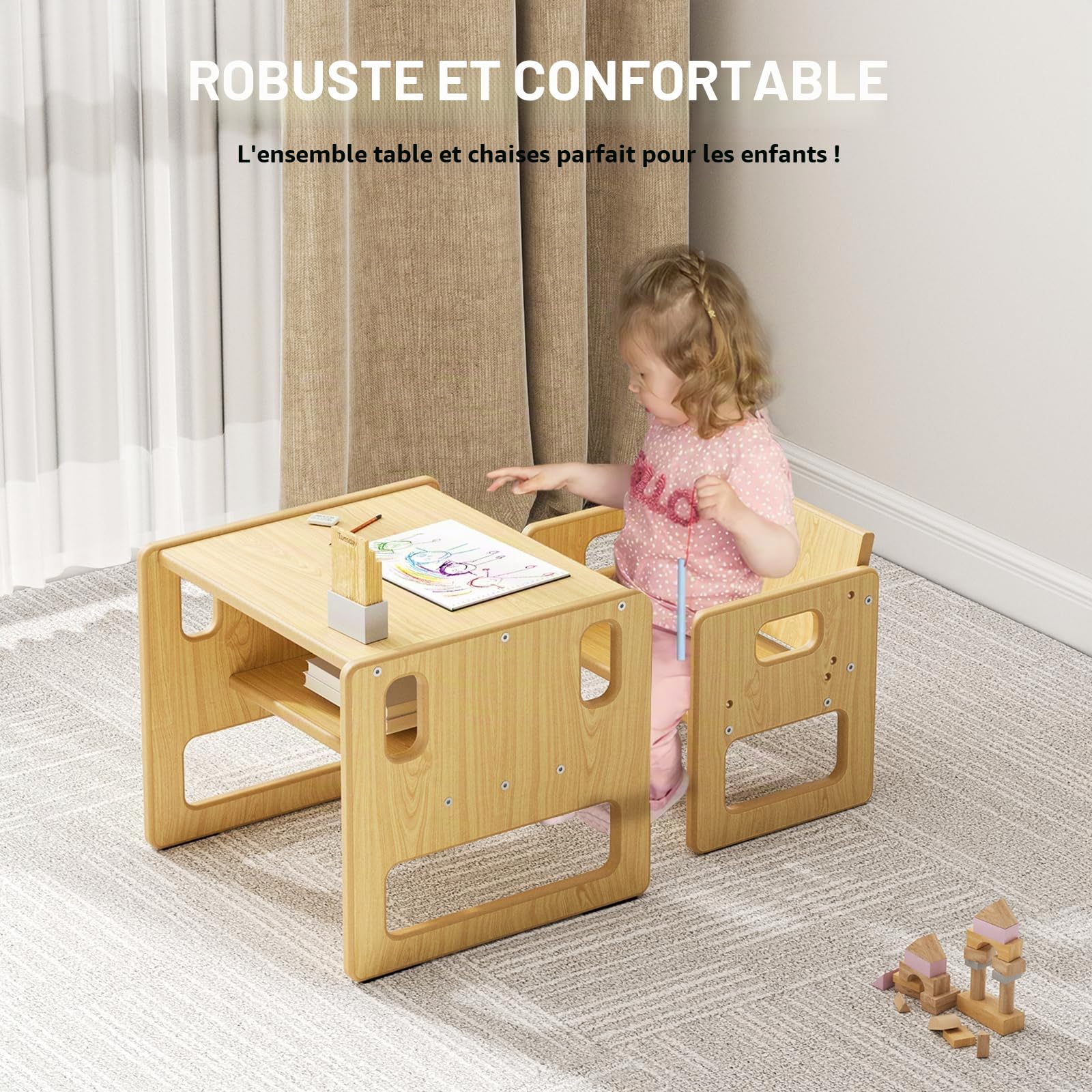 Ensemble table et chaises pour enfants, table de jeu Montessori en bois avec espace de rangement, convient pour les enfants pour lire, jouer, manger