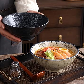 Ceramic Ramen Bowl Sets with Spoons and Chopsticks, 2 Sets 1200ml