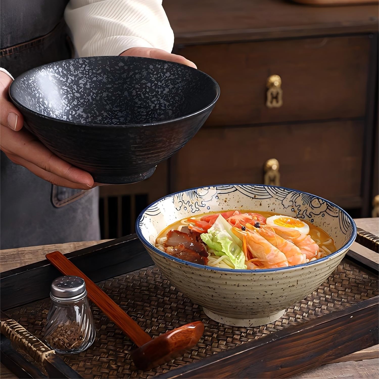Ensemble de bols à ramen en céramique, 2 ensembles de 1,2 litres - Grands bols à nouilles japonaises avec cuillères et baguettes pour soupe, udon, soba, pho, nouilles asiatiques, salade de