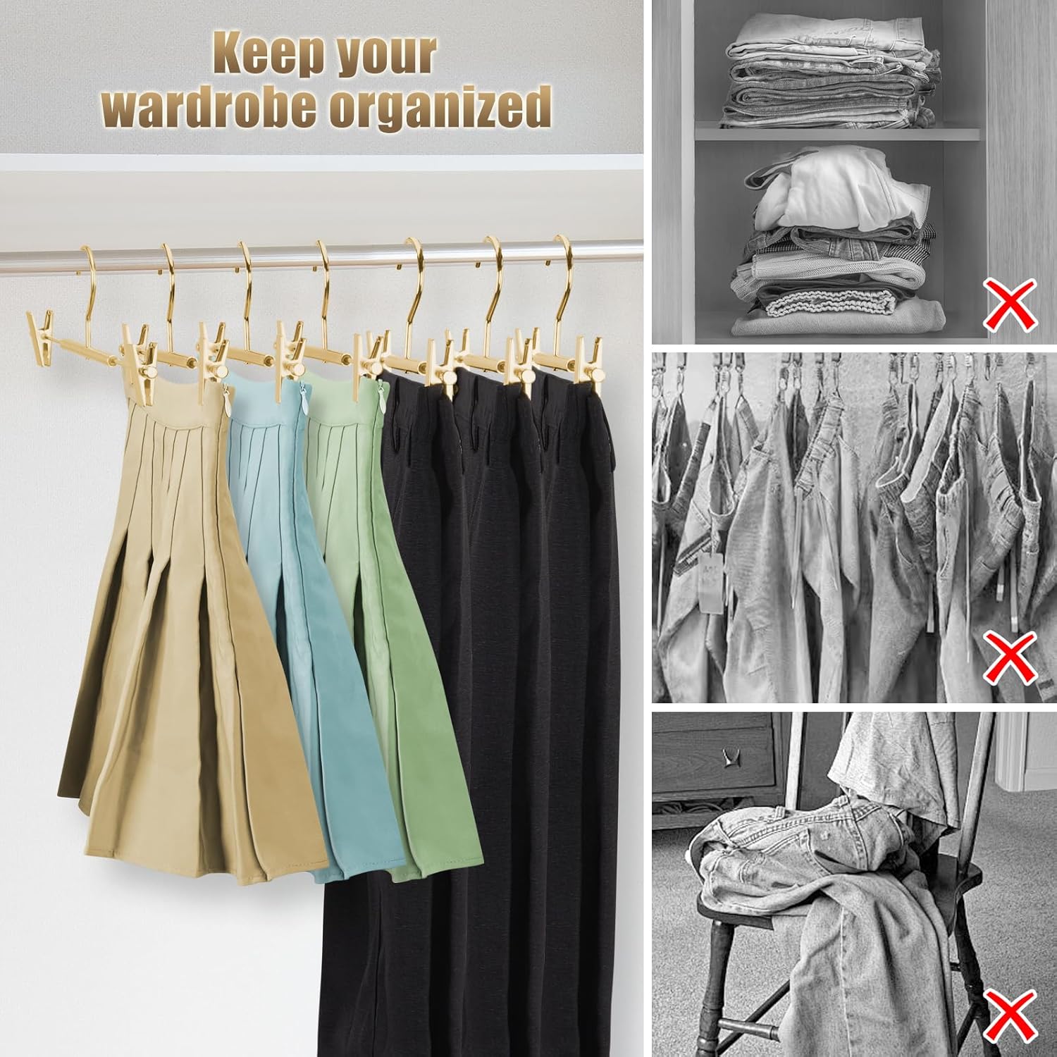 VWV 10-Pack Adjustable Women's Skirt and Pants Hangers, Durable, Space-Saving, Suitable for Jeans, Shorts, Underwear, Sports Bras (Gold)