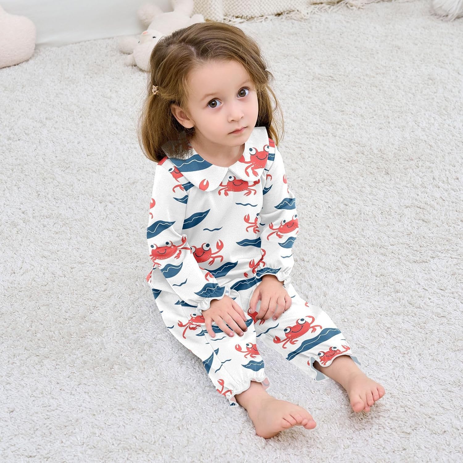 vvfelixl Baby Sleepers Crabs on Waves Long Sleeve Onesie Girl Baby Clothes for Girl Play One-piece for 0-3 months