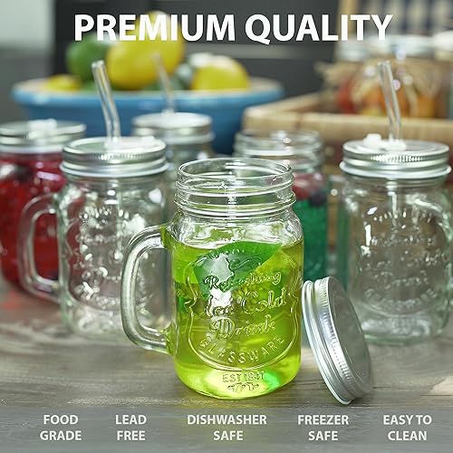 Miniatura 3 de Mason - Juego de 6 tarros de vidrio de 16 onzas con asas, tapas herméticas y con pajilla, popotes de vidrio, cepillos de limpieza