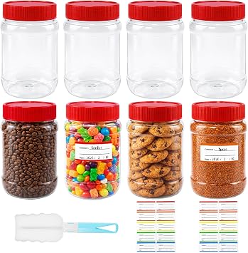 8PCS 500ml Plastic Storage Jars with Screw Lids, Screw Top Plastic Containers, Round Clear BPA-Free Airtight Food Storage Containers with Brush & Labels for Kitchen, Spices, Sweets, Herbs