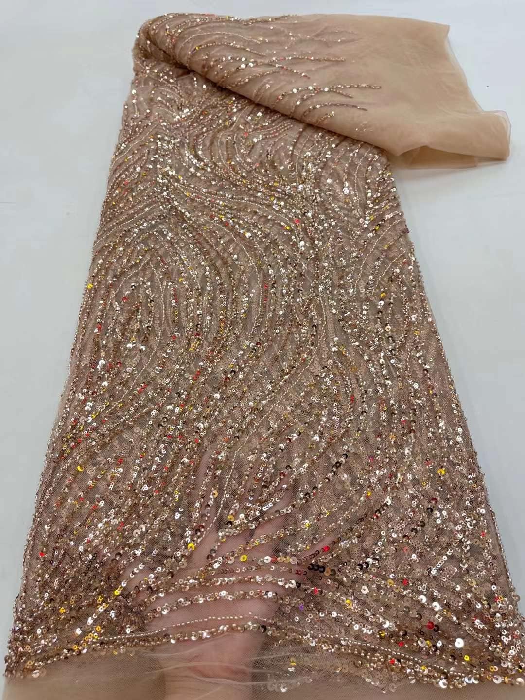 French Tulle mesh lace Fabric Embroidery with Sequins and Beads for Sewing Clothing 5 Yards (Gold)