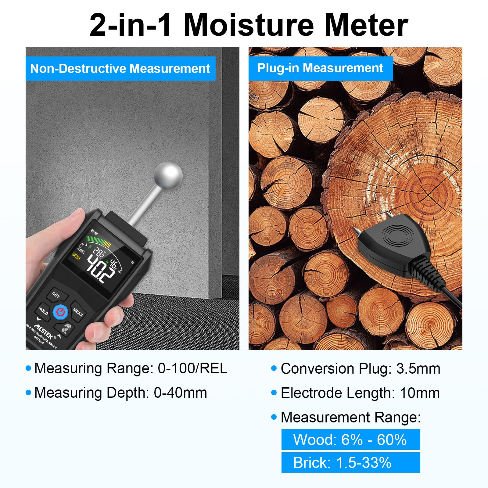 Misuratore di Umidità, MESTEK Igrometro,2 in 1 Misuratore Umidità Muri con LCD a Colori e Allarme Acustico, Profondità di Analisi 20-40 mm,per Legni, Parete, Pavimenti, Legno, Gesso