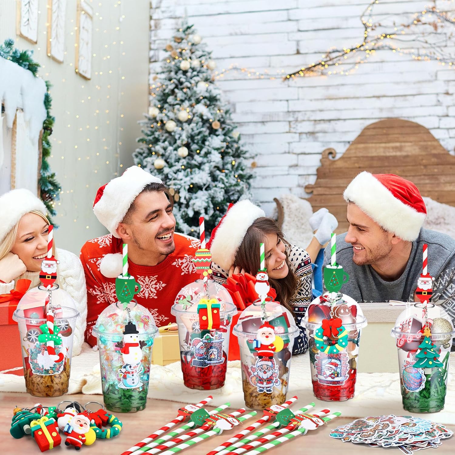211 Pcs 36 Set Christmas Party Favors Gifts Xmas Gift Cups Filler with Lids Straws Sticker Pendant Raffia for Christmas Stocking Stuffers Classroom Gift Exchange Goodie Bag Fillers Supplies