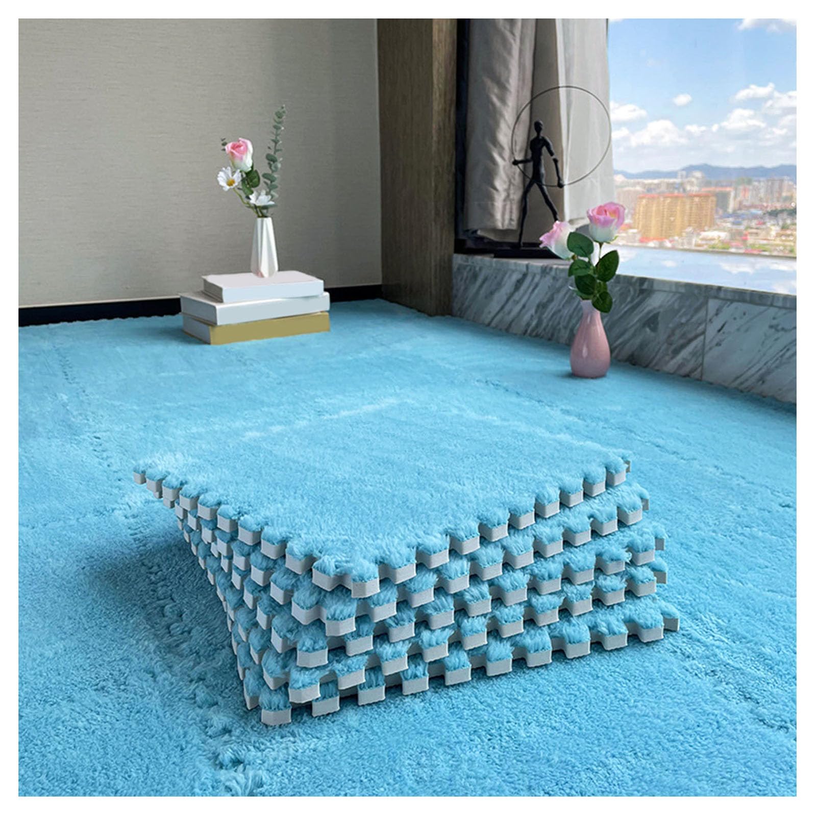 80 Piastrelle in Schiuma ad Incastro per tappeti - Tappetino Puzzle a Forma di P Blu Morbido per camere da Letto, Sale Giochi e camerette per Bambini - Blocchi in Schiuma Puzzle (Spessore 0,