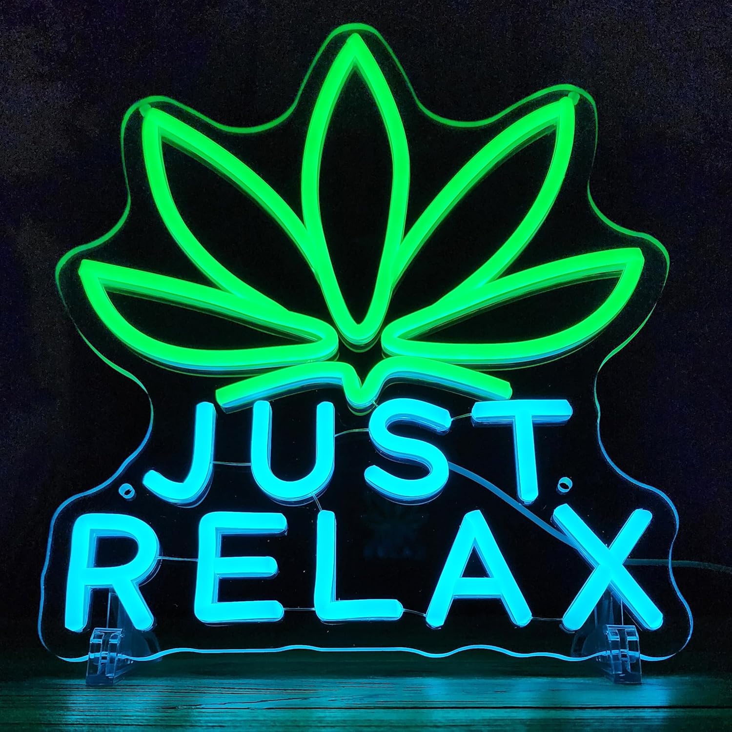 JUST RELAX LED Neon Sign (14x11.8in) – Green Cannabis Leaf Light for Bar, Lounge & Home | Decor Wall Light USB Powered