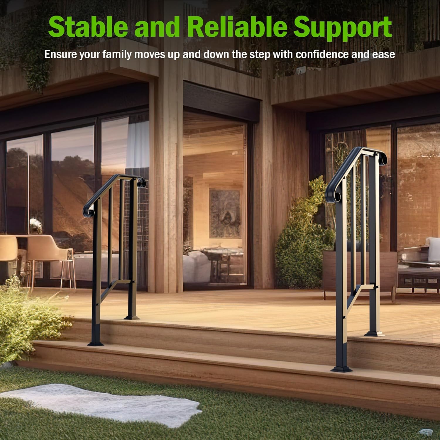 2 Pack 2 Step Handrails for Outdoor Steps, Wrought Iron Stair Railing Fits 1 or 2 Steps, Metal Hand Rail with Installation Kit, Staircase Handrails for Concrete, Porch, Deck, Exterior Steps, Black
