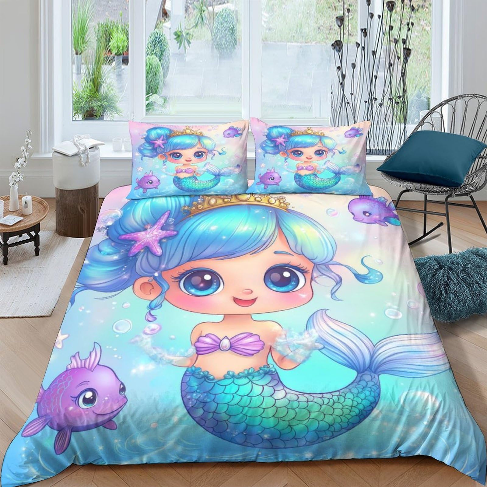 Ctjqhvkz Style-10 3D Printed Cute Mermaid Fitted Sheet Microfiber Ocean Fantasy Bed Cover For Bedroom Guest Room Mattress Protection Decor Single（135X200cm）