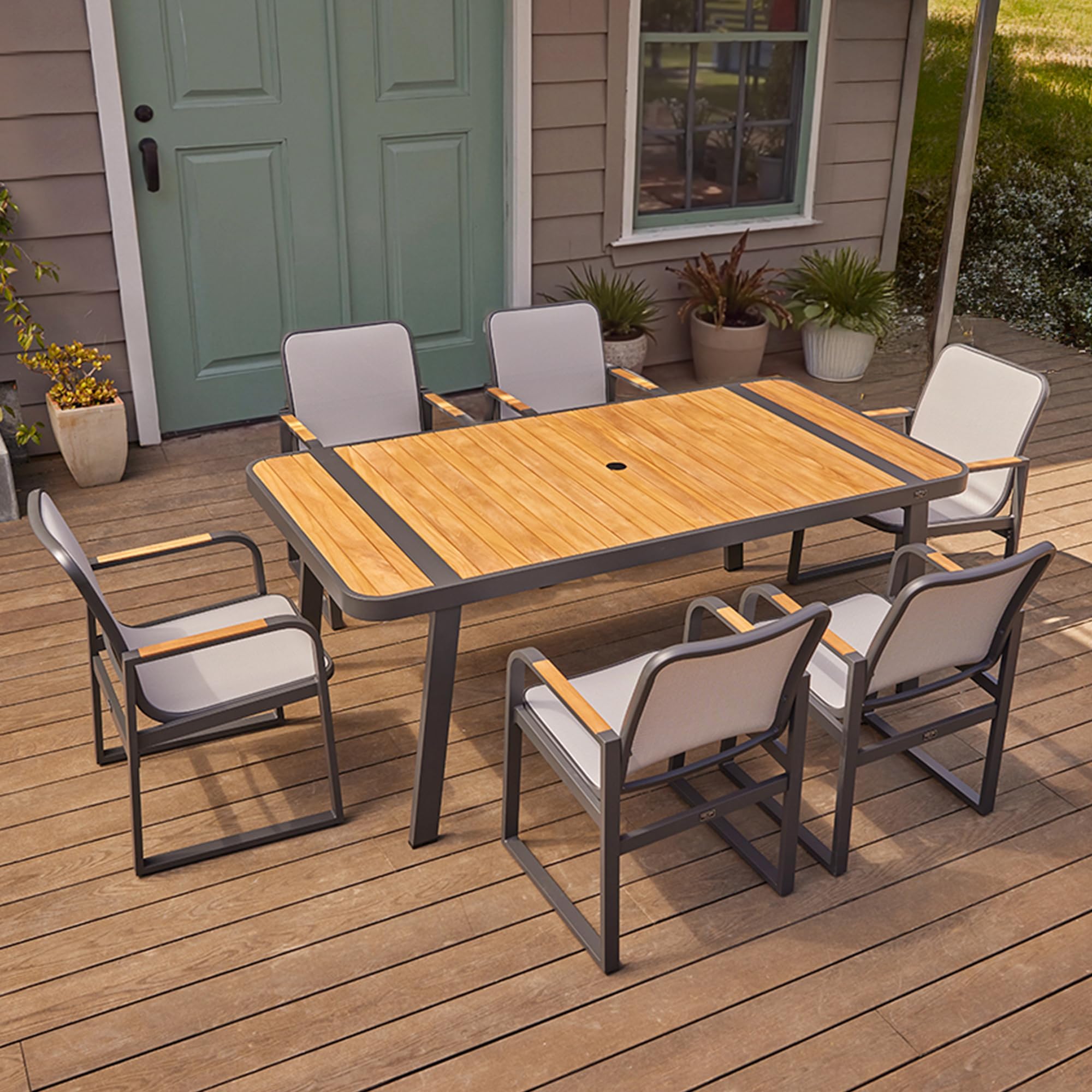 EAST OAK Signature 7 Pieces Outdoor Dining Set, Patio Furniture Set with Finest Teak Wood, Powder-Coated Aluminum Frame Table and Teslin Fabric Chairs, Patio Dining Set for Garden and Yard, Dark Grey