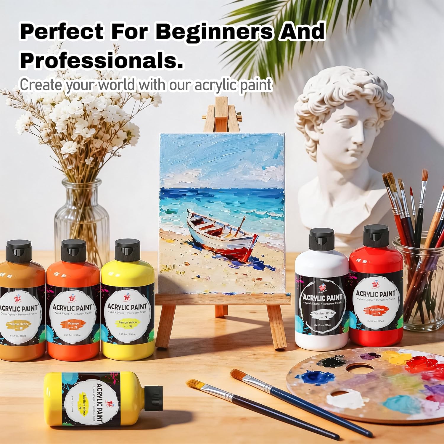 TBC The Best Crafts 24 Colors Acrylic Paint Set, 250ml (8.45oz) Each, Non-Toxic, Includes 10 Professional Brushes + Sponge + Painting Knife, for Canvas Wood Ceramic Rock Painting & DIY Crafts for Adults Artists