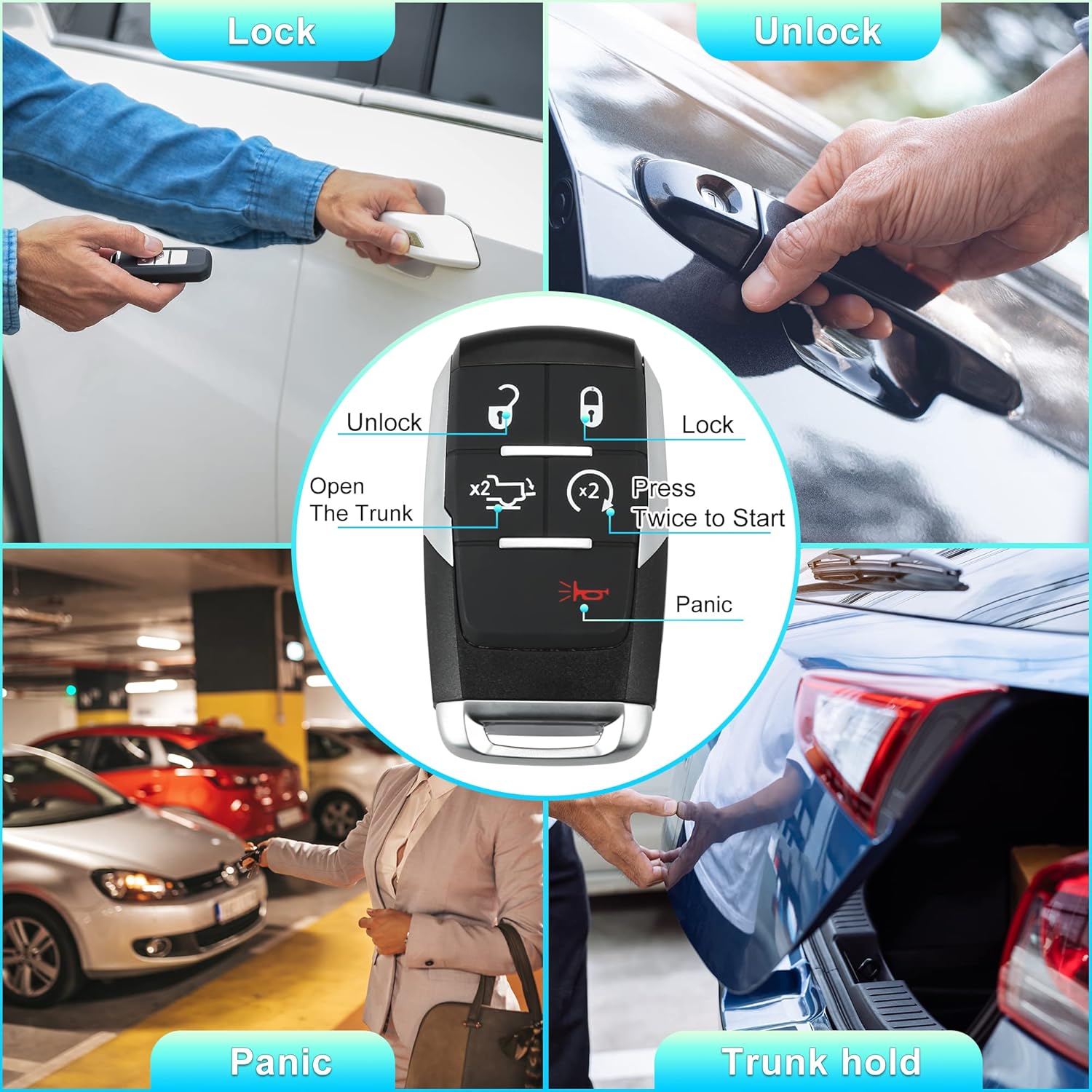 X AUTOHAUX Replacement Keyless Entry Remote Car Key Fob GQ4-76T 433Mhz for Ram 2500 3500 4500 5500 2019 2020 2021 2022 5 Buttons with Door Key