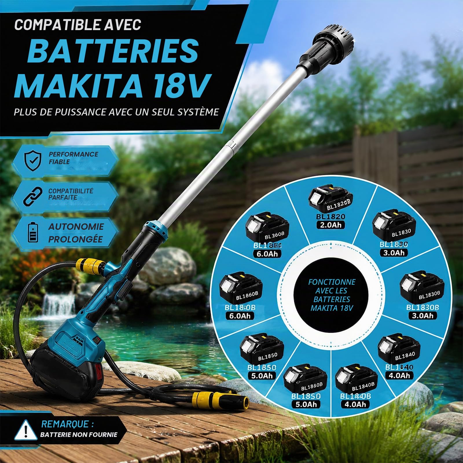 Pompe submersible sans fil 21 V avec 2 batteries de 2,0 Ah et chargeur, offre un débit de 3000 l/h et une hauteur de refoulement de 6 m, pompe à eau portable, idéale pour extraire l'eau de la citerne
