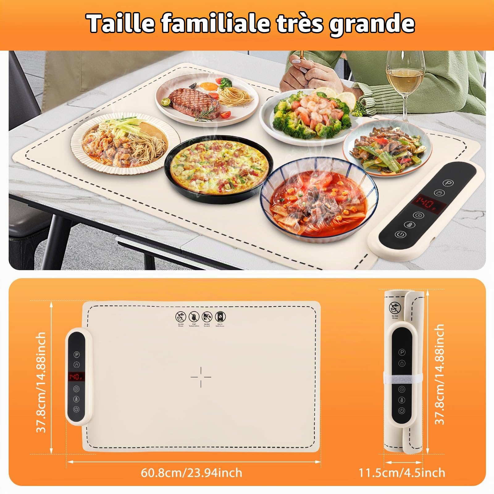 Chauffe Plat Electrique, Plaque Chauffante Electrique avec 6 Niveaux Temp., Minuteur de 4 Heures, Plaque Chauffante Pliable Flexible, 61 * 40cm Chauffe Plat pour Buffets Fêtes Banquet