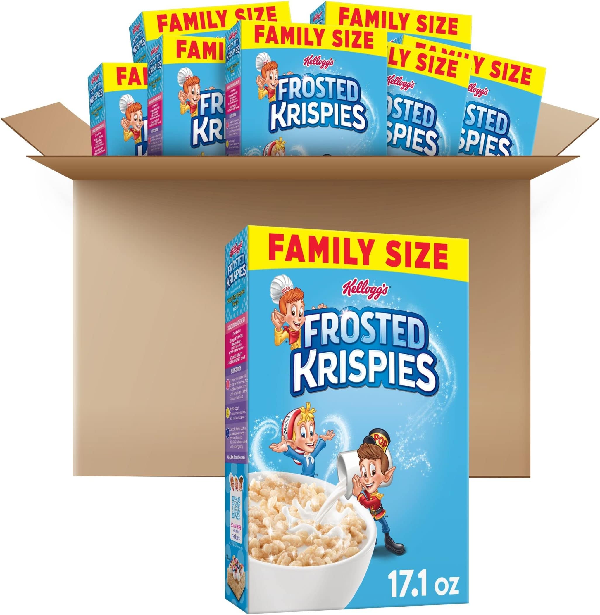Kellogg's Frosted Krispies Cold Breakfast Cereal, Kids Snacks, Baking Marshmallow Treats, Family Size, Original (8 Boxes)