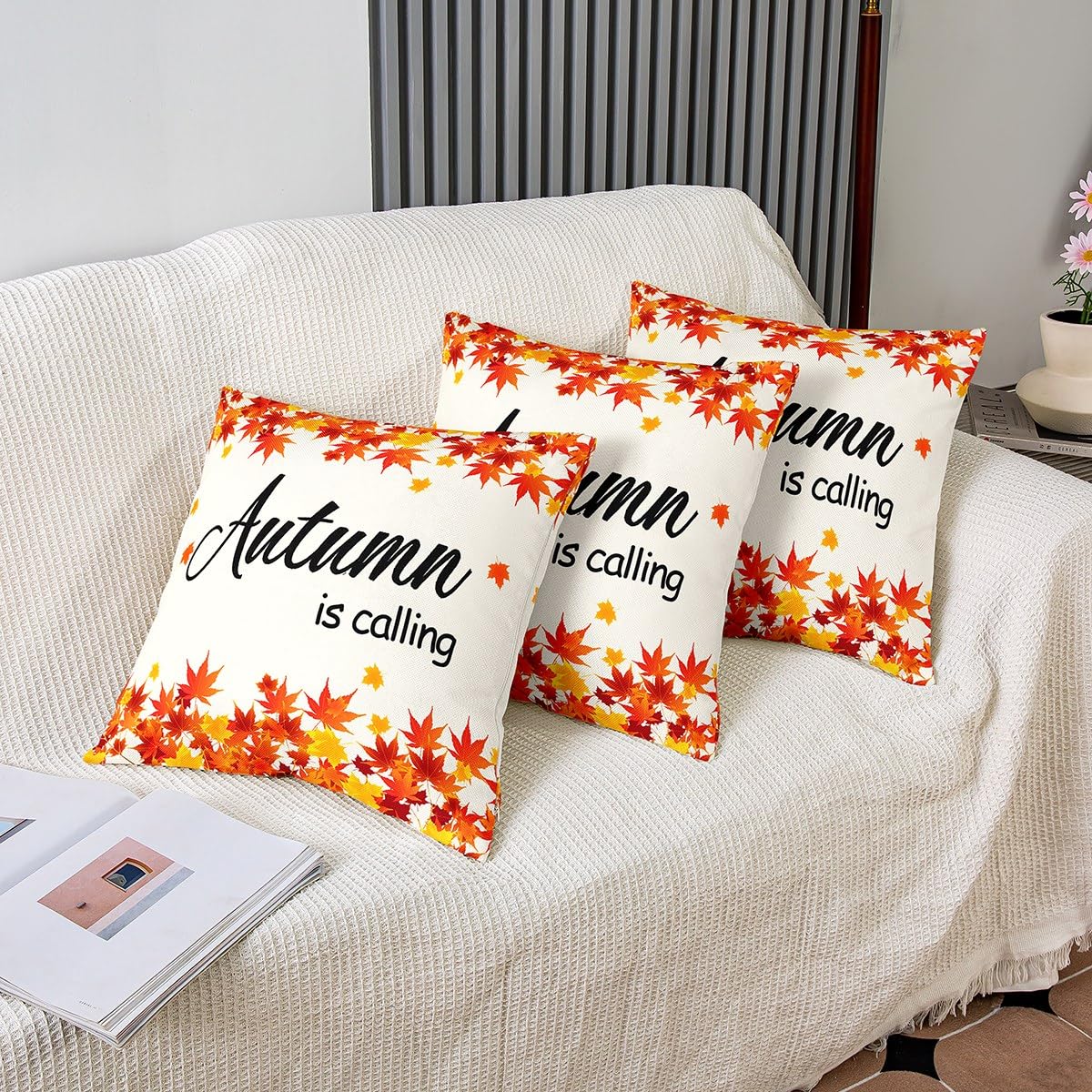 Set di 2 federe per cuscini autunnali con foglie d'acero arancione, decorazione per casa, divano, letto, 50 x 50 cm