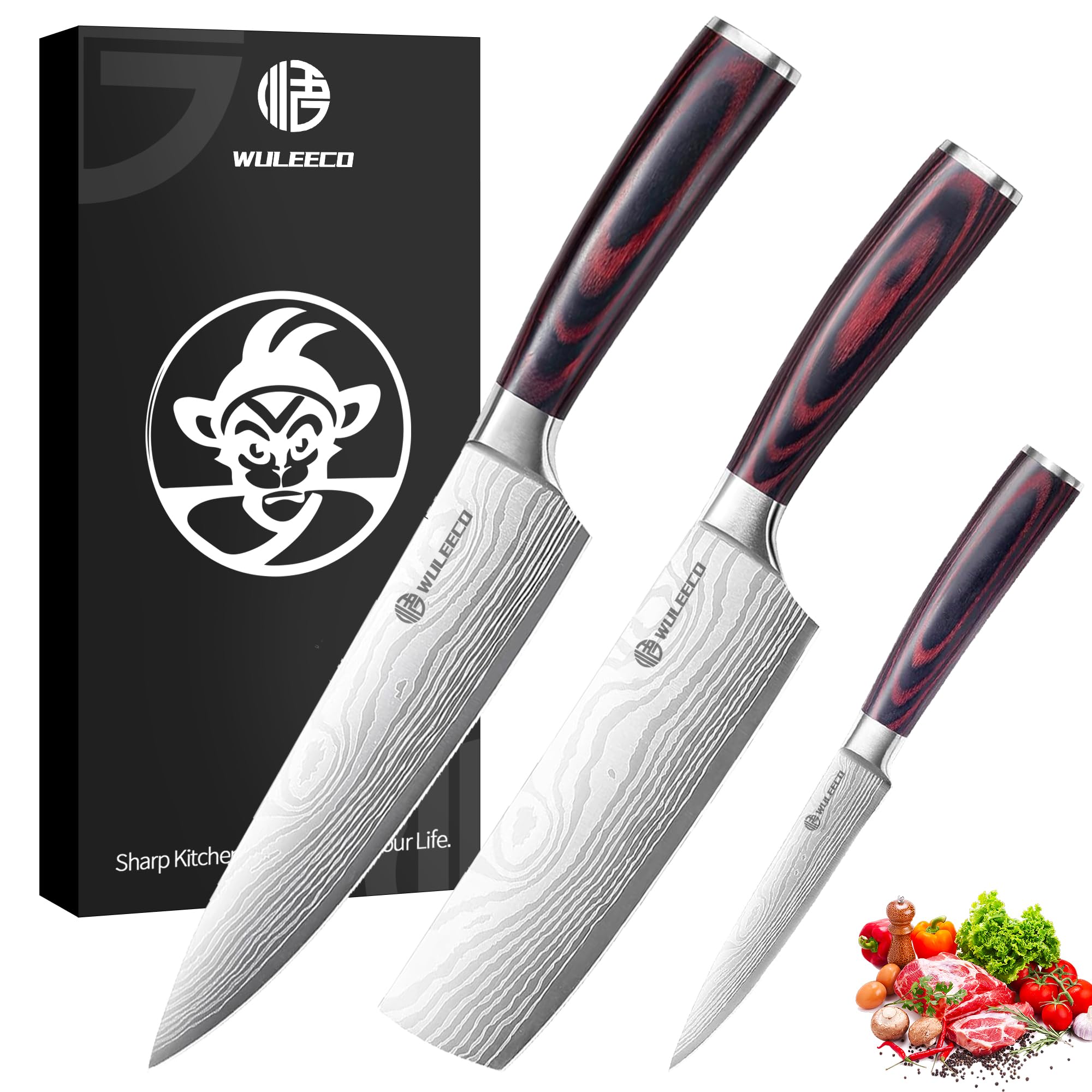 WULEECO Küchenmesser Hackmesser 18 cm, Japanisches Nakiri Messer, Profi Kochmesser Fleischmesser aus Hochwertigem Edelstahl, Extra Scharfe messer für Küchen mit Ergonomischem Pakkaholz-Griff