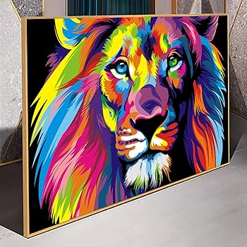 キャンバス油絵　専用　カラフルなたてがみの かわいいライオン キャンバス油絵 専用 カラフルなたてがみの かわいいライオン 高