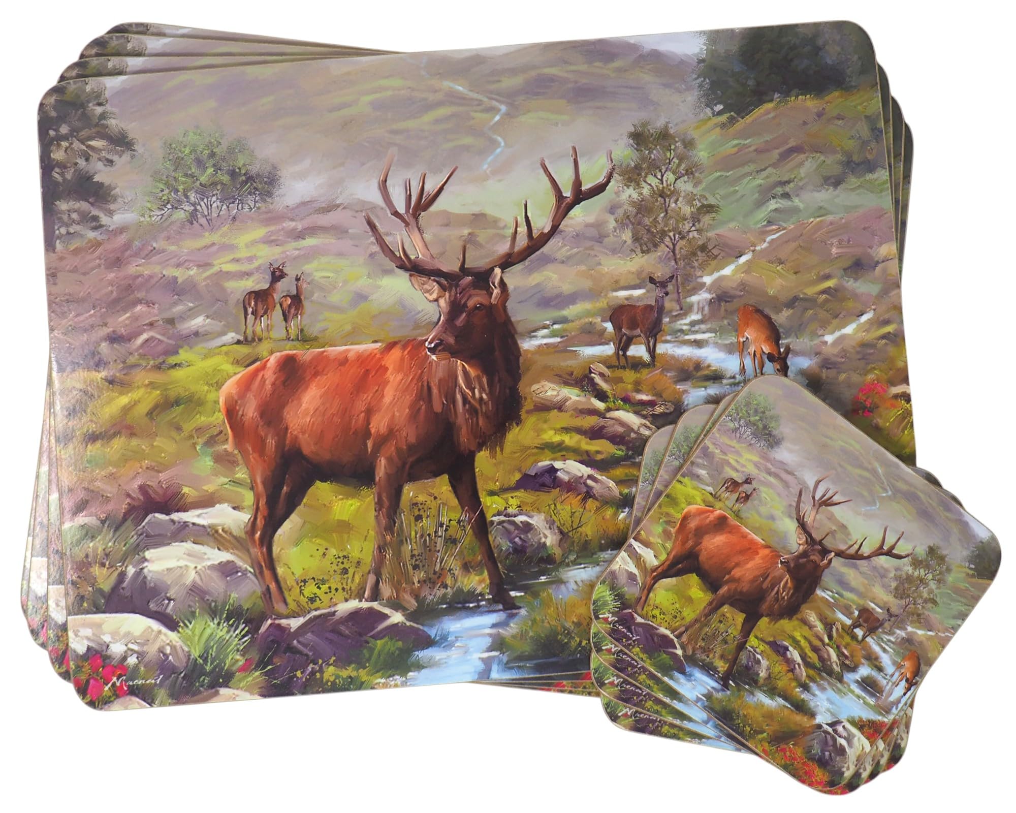 Blue Whale Gifts Brown, Green Hardback Wood & Cork Laminated 4 Placemats & 4 Matching Coasters - Highland Stag