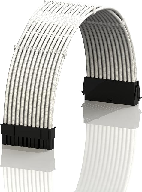 LINKUP - 30cm ATX 24 Pin (20+4) Motherboard PSU Braided Sleeved Power Supply Extension Cable w/CombsStrong & Stiff DesignSingle Pack300mm - White