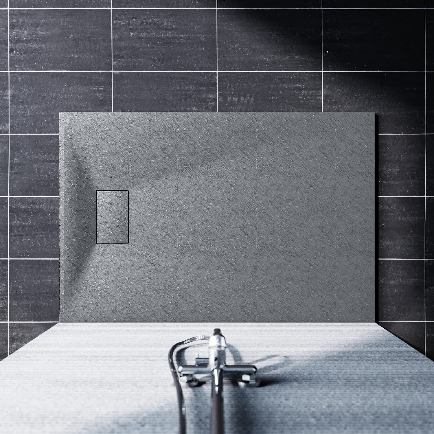 SONNI Receveur de douche 140 x 90 cm - Gris aspect ardoise et structure antidérapante - Avec siphon