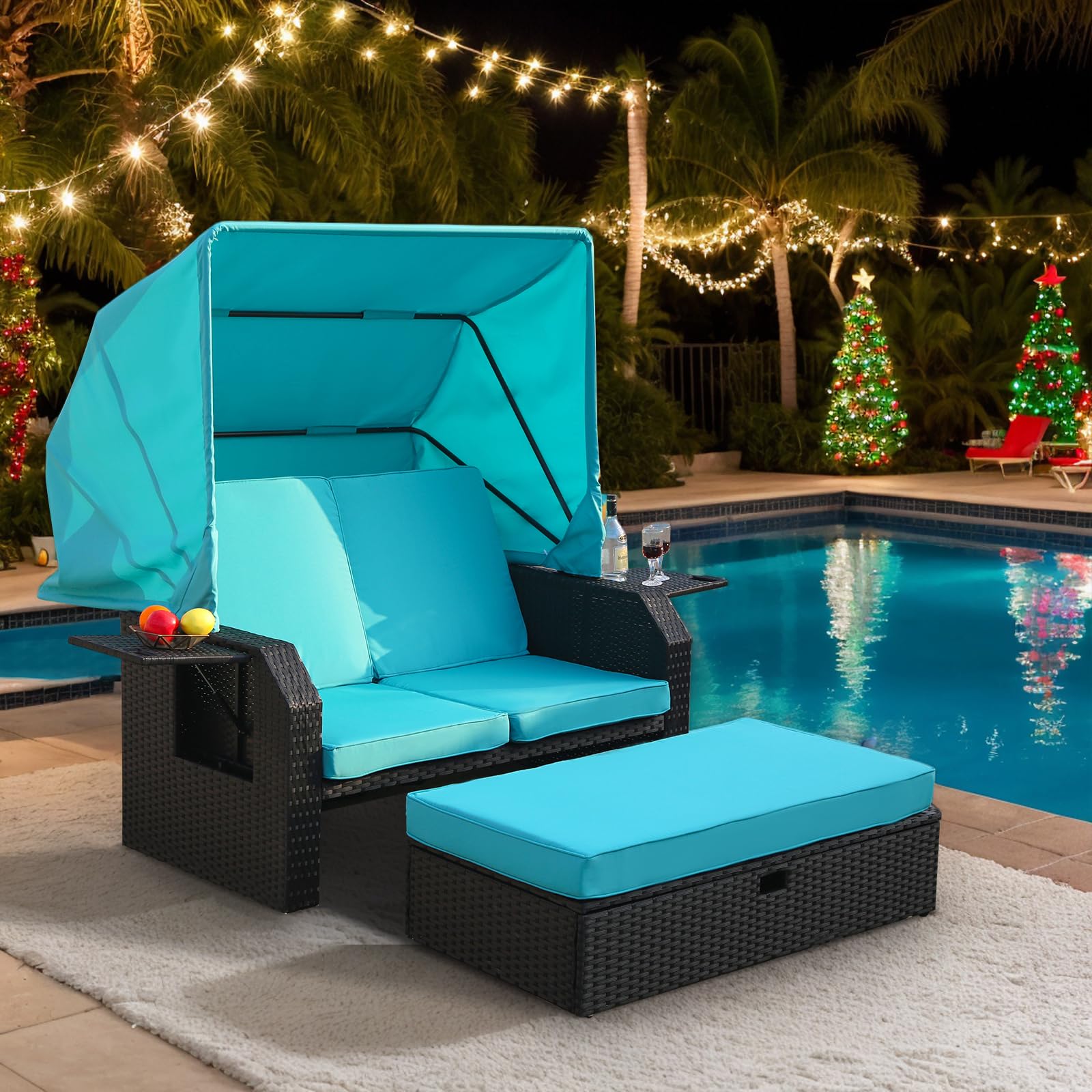 Outdoor Wicker Loveseat - Patio Furniture Set with Retractable Canopy, Adjustable Back, Side Table, Ottoman, Cushion - PE Rattan Sofa Set for Garden Poolside Backyard Lawn Porch (Blue)