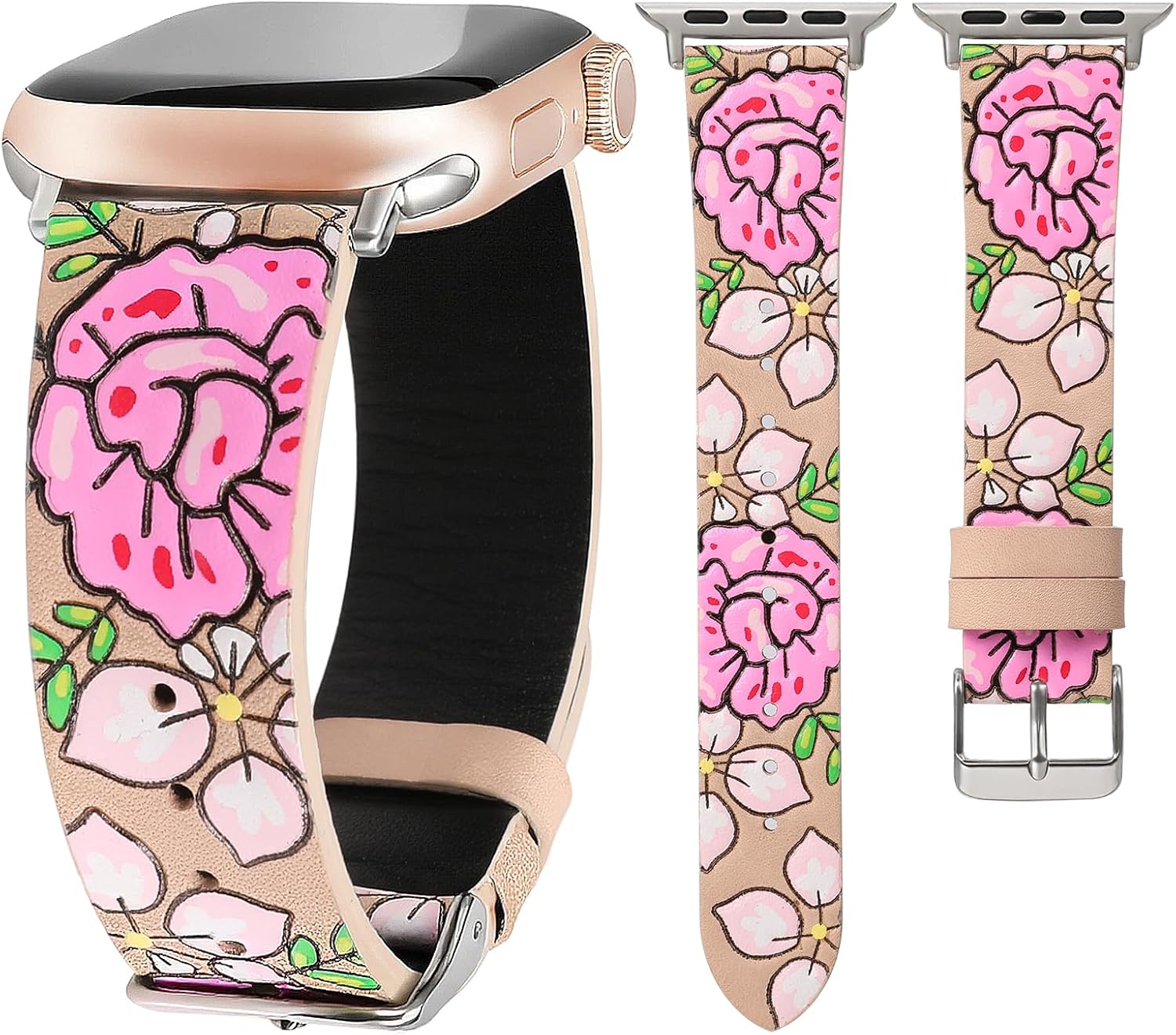 Moolia Floral Leather Band Compatible with Apple Watch Band 42/41/40/38/46/45/44/49mm Women, Cute Romantic Vintage Rose Pattern Strap for iWatch Series 11 10 9 8 7 6 5 4 3 2 1 SE/Ultra(1/2/3)
