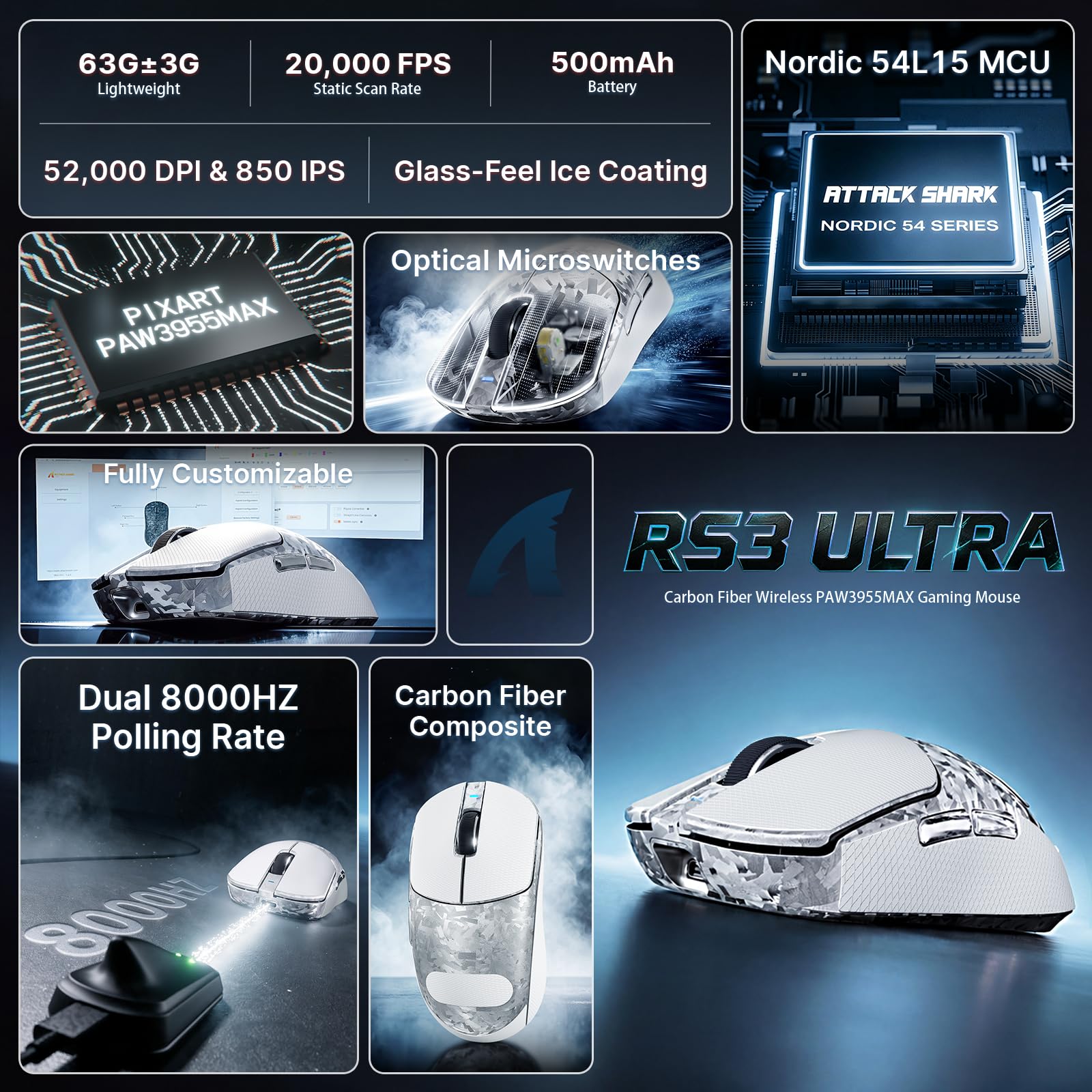 ATTACK SHARK RS3 ULTRA Souris Gamer Sans Fil, Fibre de Carbone Ultra-Légère 63g, Capteur PAW3955MAX, Puce Nordic 54L15, 8K Hz Polling, 52K DPI, BT/2.4G/Filaire, Souris Ergonomique pour Esports, Argent