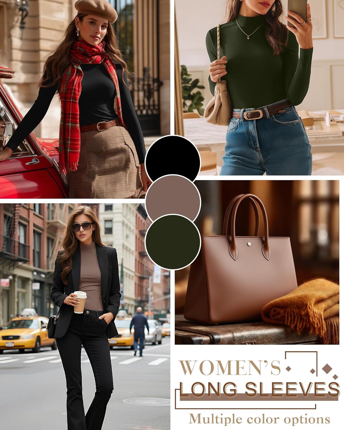 3 Pack Women's Long Sleeve Mock Turtleneck Shirts, Crew Neck Slim Fit Base Layer Tops Thermal Underwears - Image 2